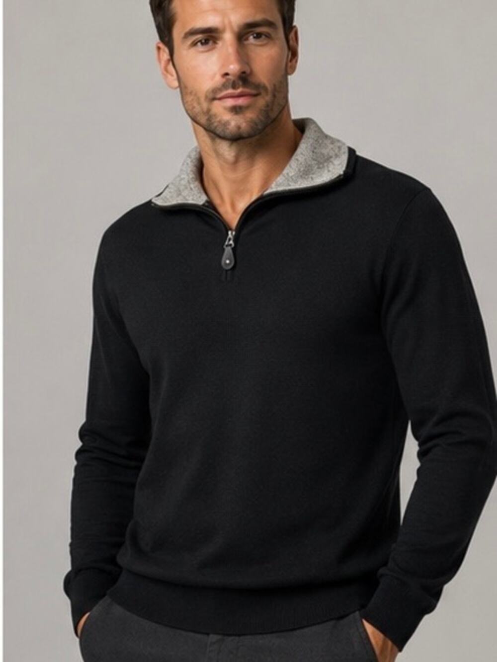 Marcello Men’s Large Black Merino Wool 1/4 Zip Sweater Made Italy Taupe Collar